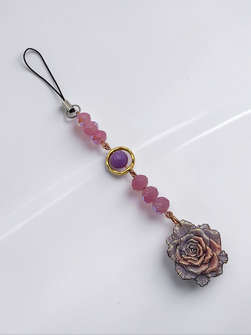 Handmade Pink Beaded Rose Phone Charm with Gold Accent